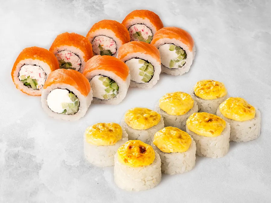 1/2 Филадельфия лайт + 1/2 Калифорния + Сырный лосось